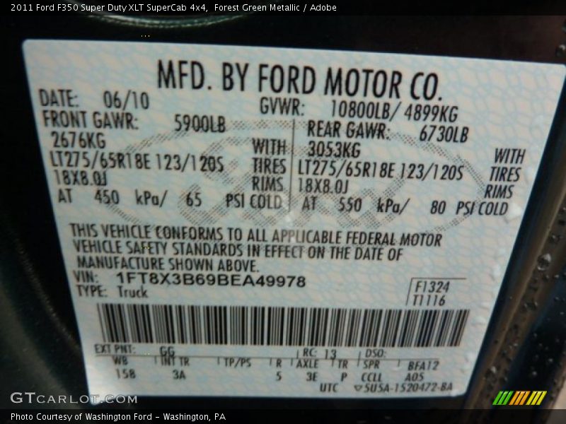 2011 F350 Super Duty XLT SuperCab 4x4 Forest Green Metallic Color Code GG