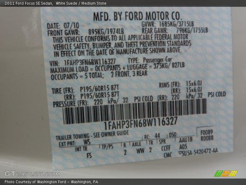 White Suede / Medium Stone 2011 Ford Focus SE Sedan