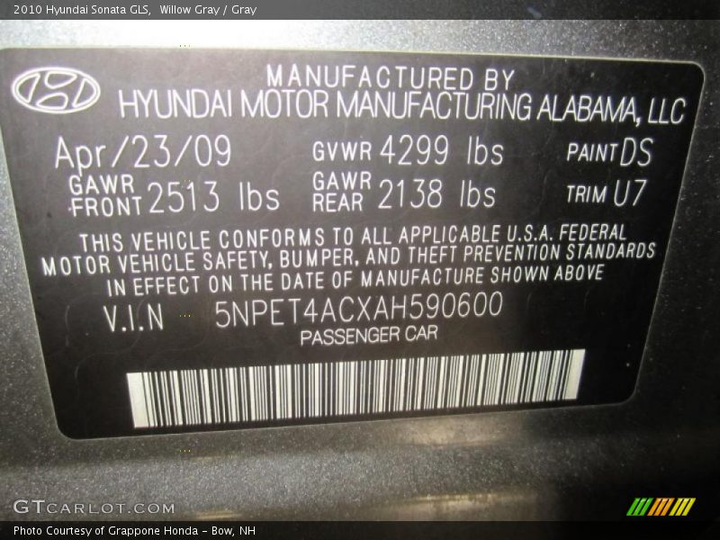 Willow Gray / Gray 2010 Hyundai Sonata GLS
