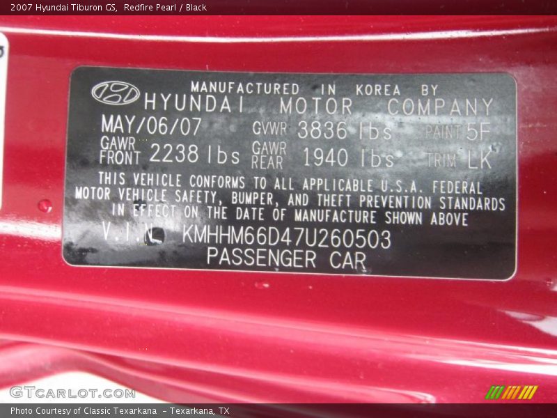 Redfire Pearl / Black 2007 Hyundai Tiburon GS