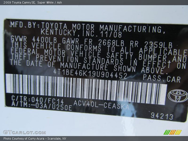 Super White / Ash 2009 Toyota Camry SE