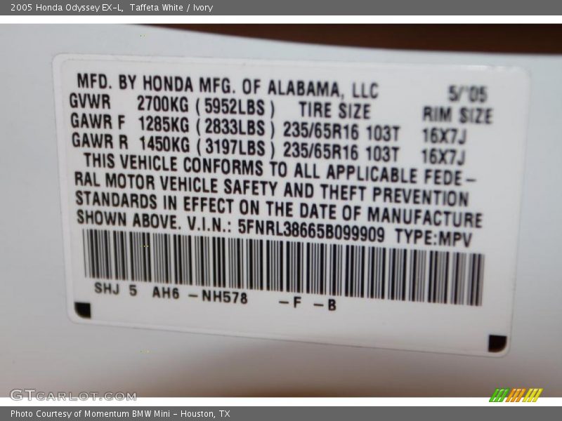 Taffeta White / Ivory 2005 Honda Odyssey EX-L