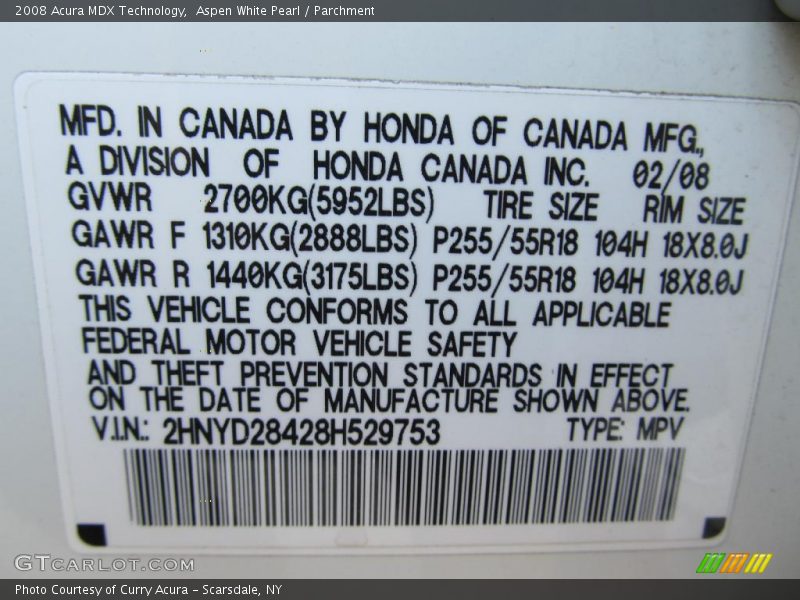 Aspen White Pearl / Parchment 2008 Acura MDX Technology