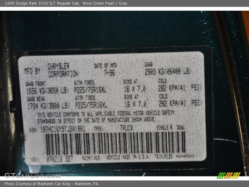 Moss Green Pearl / Gray 1996 Dodge Ram 1500 SLT Regular Cab