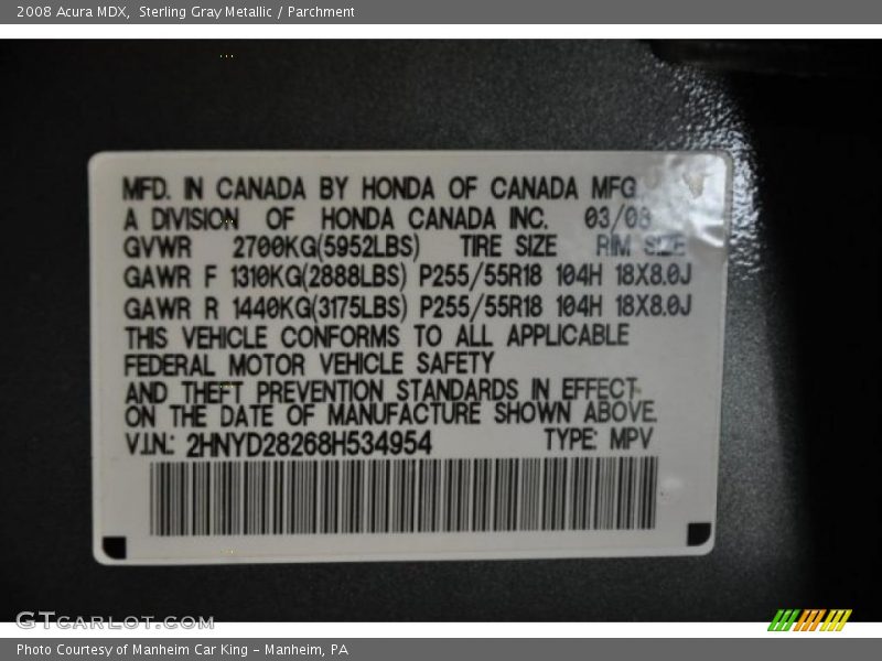 Sterling Gray Metallic / Parchment 2008 Acura MDX