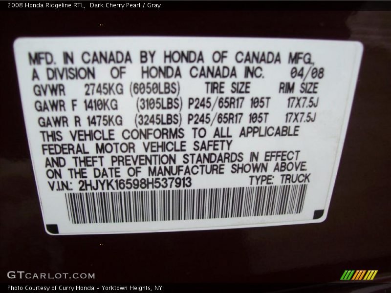Dark Cherry Pearl / Gray 2008 Honda Ridgeline RTL