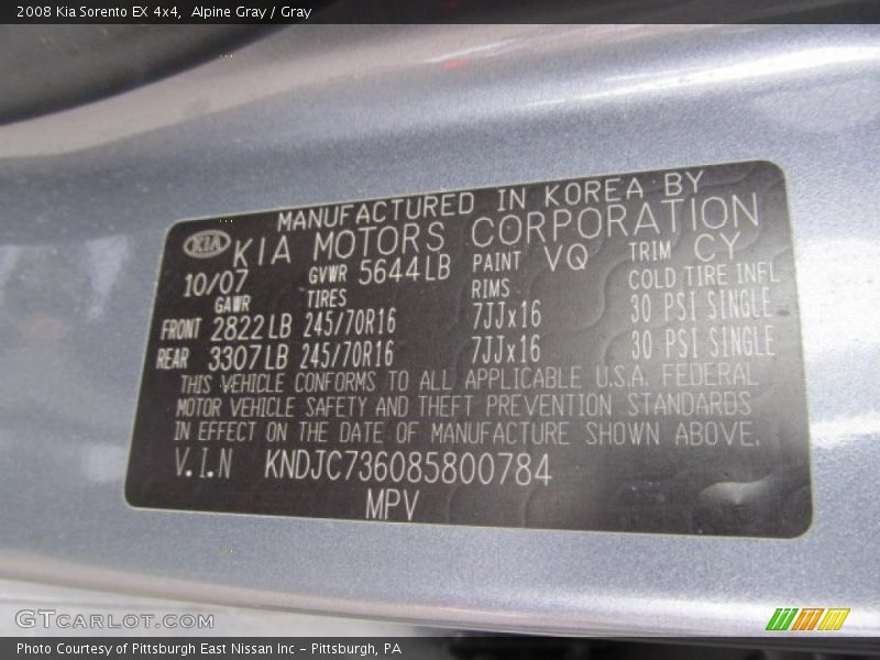 2008 Sorento EX 4x4 Alpine Gray Color Code VQ