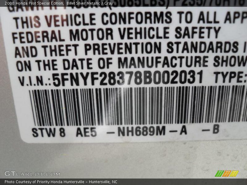 Billet Silver Metallic / Gray 2008 Honda Pilot Special Edition