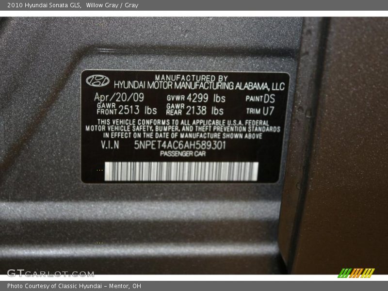 Willow Gray / Gray 2010 Hyundai Sonata GLS