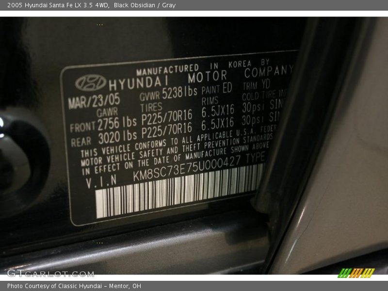 Black Obsidian / Gray 2005 Hyundai Santa Fe LX 3.5 4WD