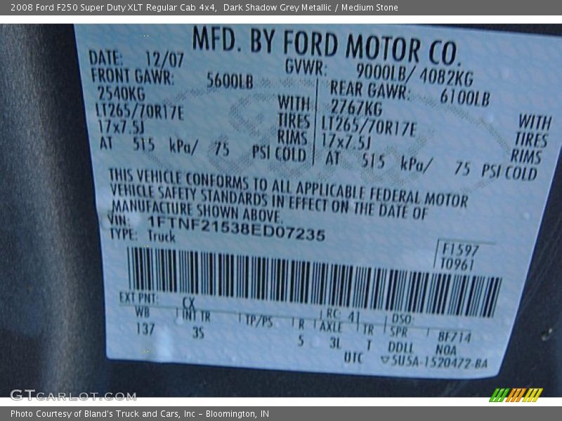 Dark Shadow Grey Metallic / Medium Stone 2008 Ford F250 Super Duty XLT Regular Cab 4x4