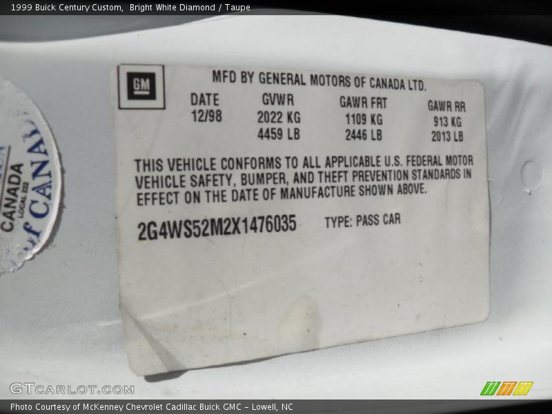 Bright White Diamond / Taupe 1999 Buick Century Custom