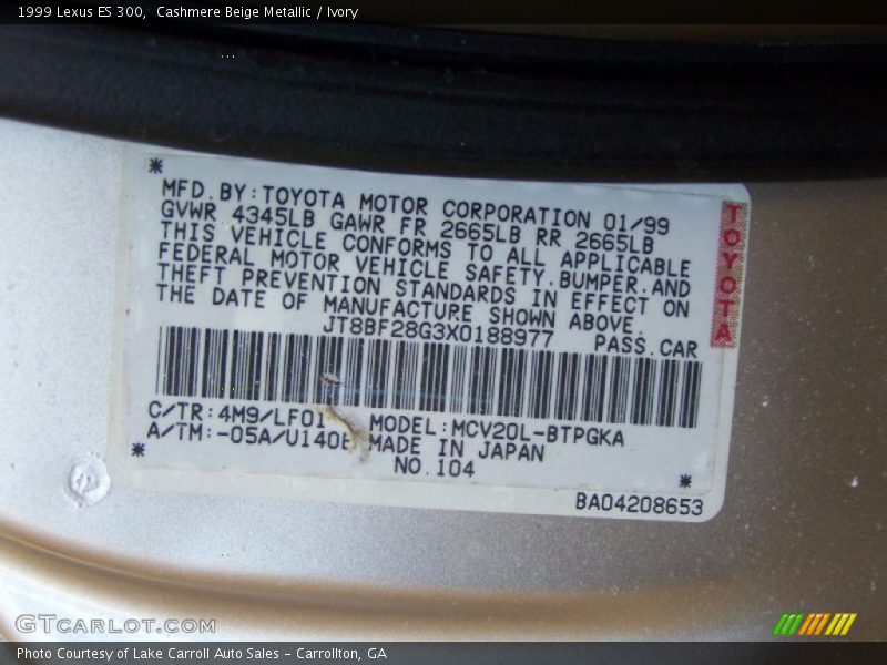 Cashmere Beige Metallic / Ivory 1999 Lexus ES 300