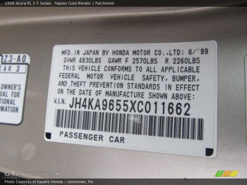 Info Tag of 1999 RL 3.5 Sedan