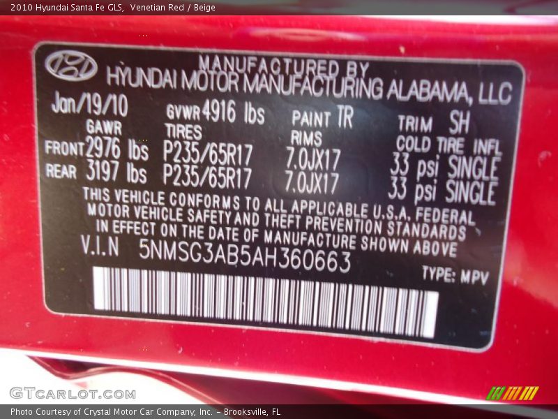 Venetian Red / Beige 2010 Hyundai Santa Fe GLS