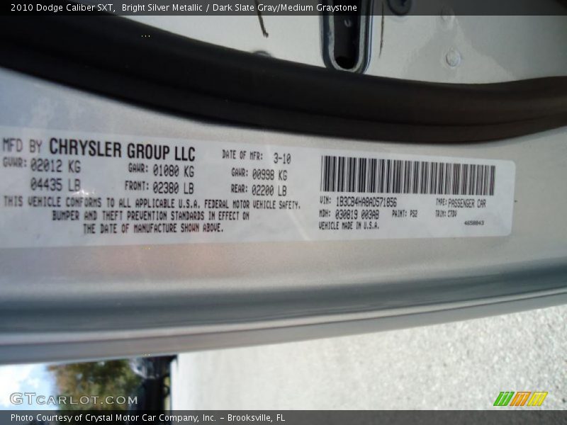 Bright Silver Metallic / Dark Slate Gray/Medium Graystone 2010 Dodge Caliber SXT