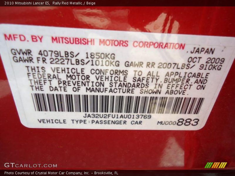 Rally Red Metallic / Beige 2010 Mitsubishi Lancer ES