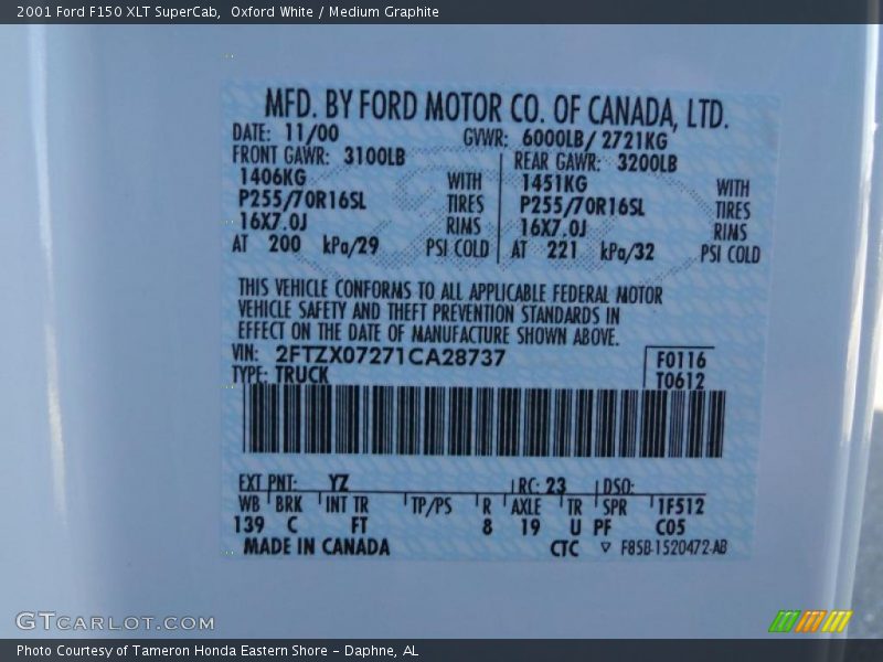 2001 F150 XLT SuperCab Oxford White Color Code YZ