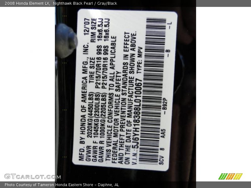 2008 Element LX Nighthawk Black Pearl Color Code B92P