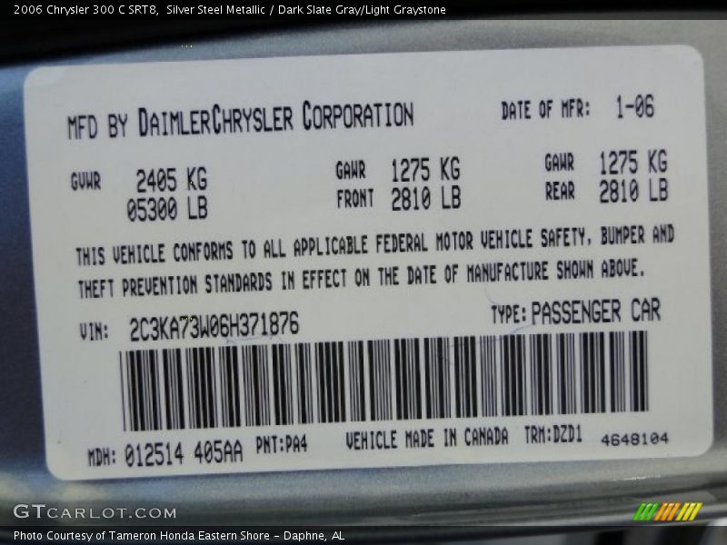 2006 300 C SRT8 Silver Steel Metallic Color Code PA4