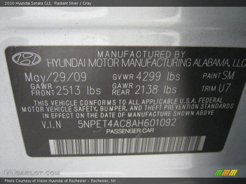 Radiant Silver / Gray 2010 Hyundai Sonata GLS