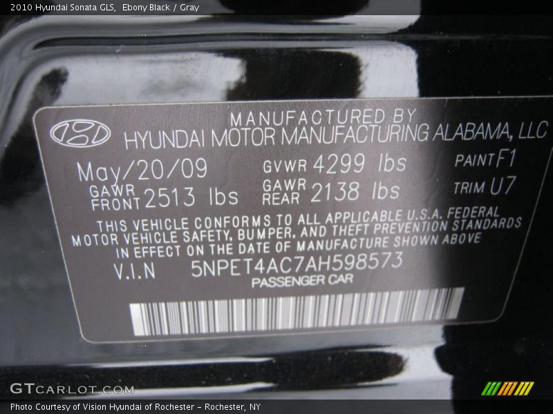 Ebony Black / Gray 2010 Hyundai Sonata GLS