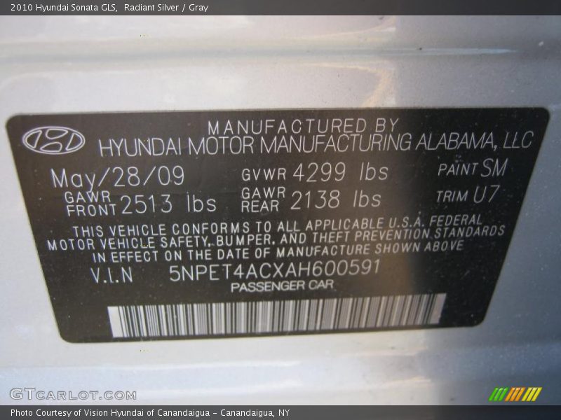 Radiant Silver / Gray 2010 Hyundai Sonata GLS