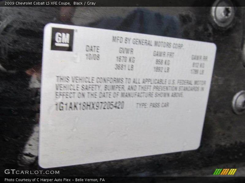 Info Tag of 2009 Cobalt LS XFE Coupe