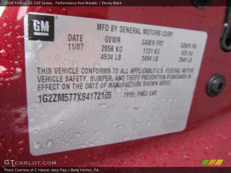 Info Tag of 2008 G6 GXP Sedan