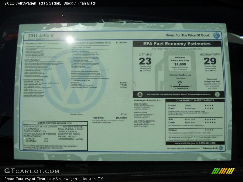 Black / Titan Black 2011 Volkswagen Jetta S Sedan