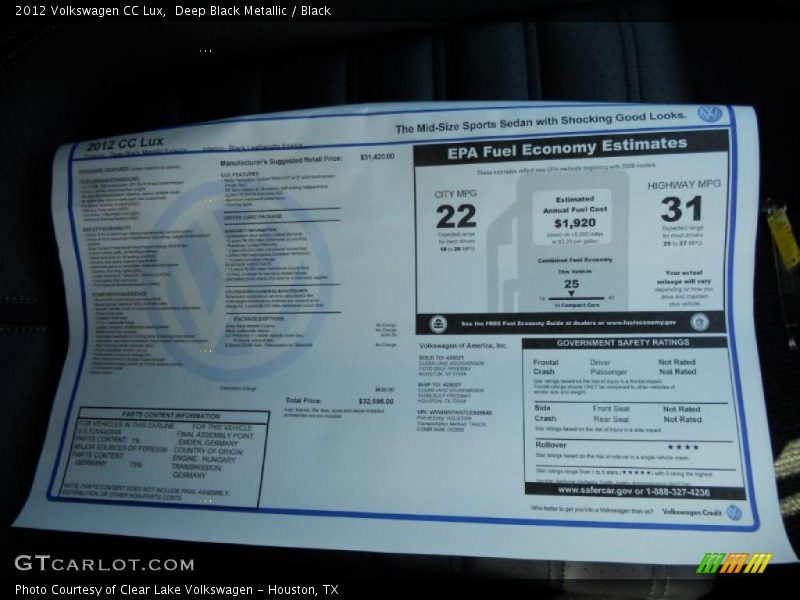 Deep Black Metallic / Black 2012 Volkswagen CC Lux