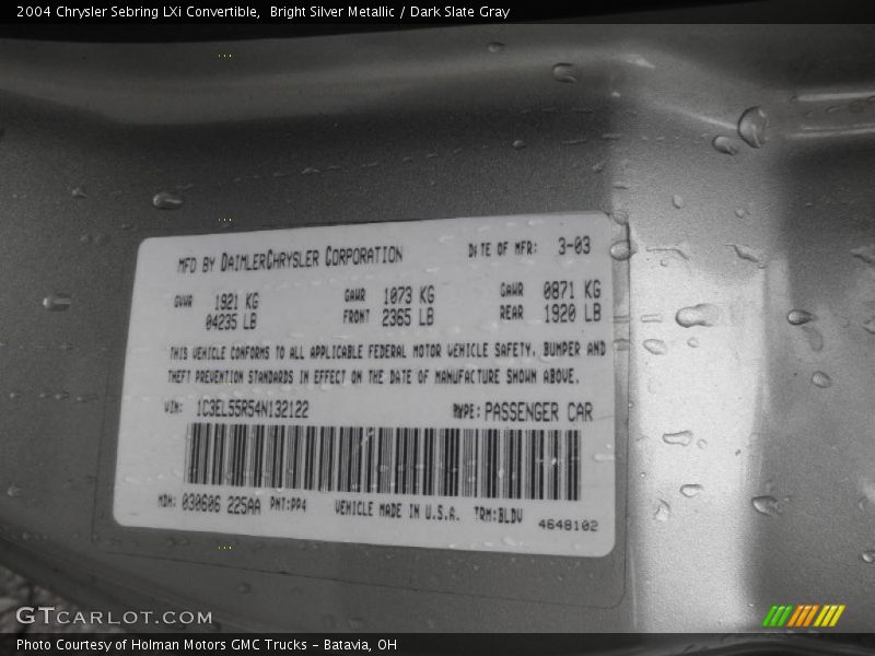 Bright Silver Metallic / Dark Slate Gray 2004 Chrysler Sebring LXi Convertible