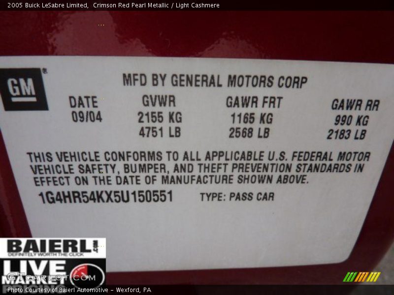 Crimson Red Pearl Metallic / Light Cashmere 2005 Buick LeSabre Limited