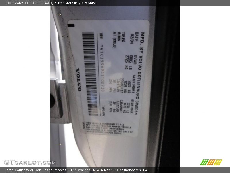 Info Tag of 2004 XC90 2.5T AWD