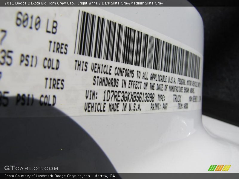 Bright White / Dark Slate Gray/Medium Slate Gray 2011 Dodge Dakota Big Horn Crew Cab