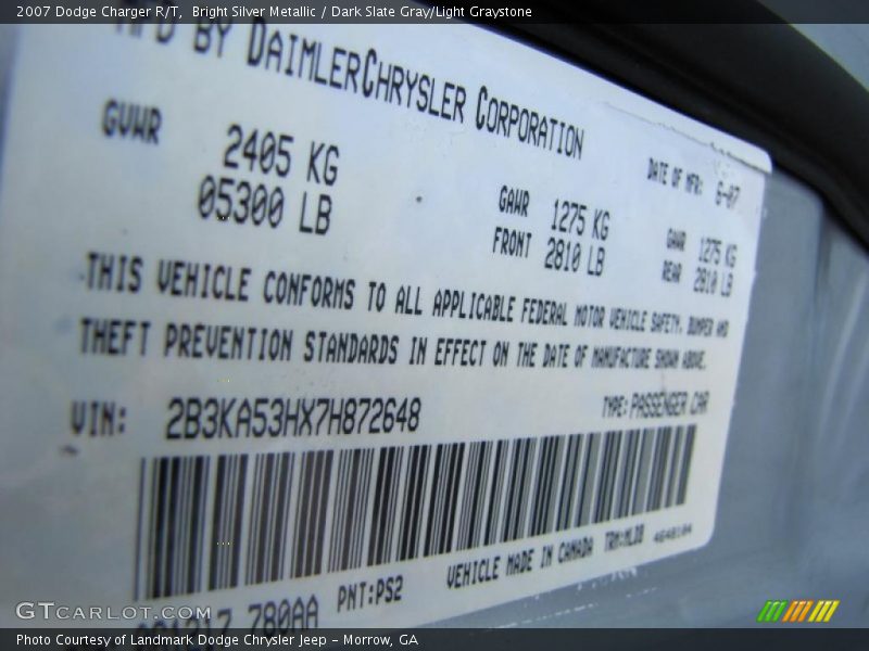 2007 Charger R/T Bright Silver Metallic Color Code PS2