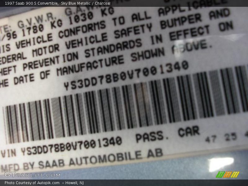 Sky Blue Metallic / Charcoal 1997 Saab 900 S Convertible