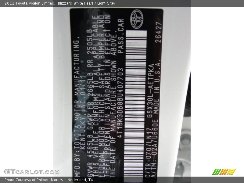 Blizzard White Pearl / Light Gray 2011 Toyota Avalon Limited