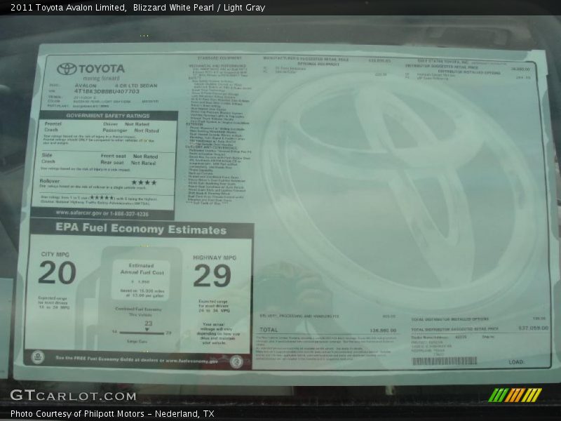 Blizzard White Pearl / Light Gray 2011 Toyota Avalon Limited