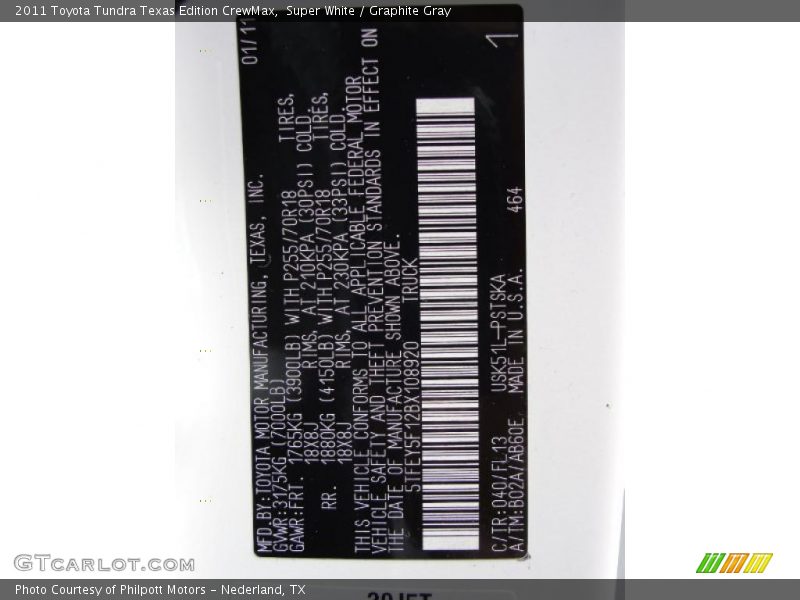 2011 Tundra Texas Edition CrewMax Super White Color Code 040