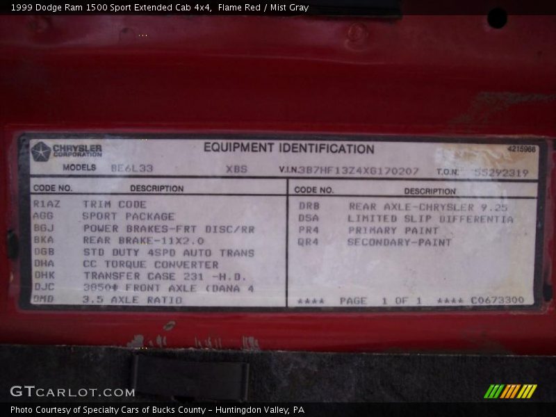 Info Tag of 1999 Ram 1500 Sport Extended Cab 4x4