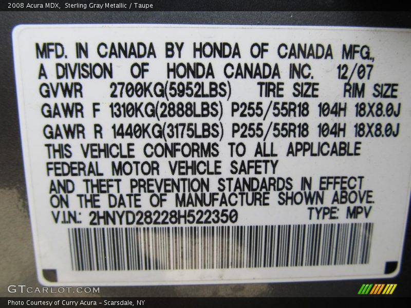 Sterling Gray Metallic / Taupe 2008 Acura MDX