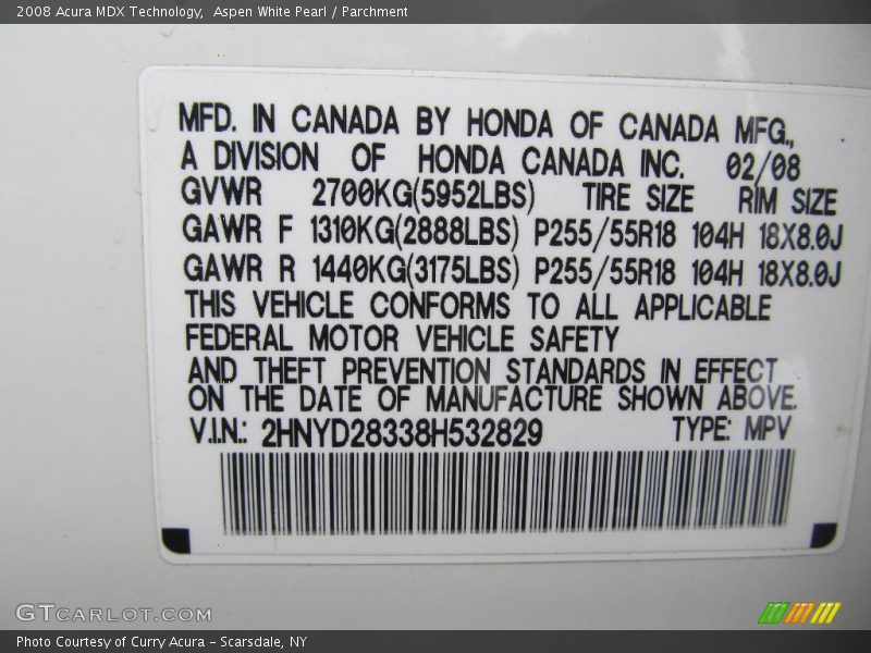Aspen White Pearl / Parchment 2008 Acura MDX Technology