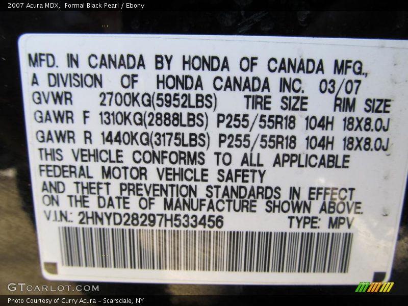 Formal Black Pearl / Ebony 2007 Acura MDX