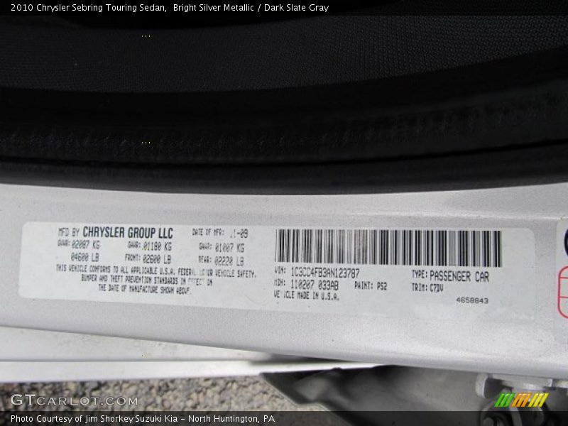 Bright Silver Metallic / Dark Slate Gray 2010 Chrysler Sebring Touring Sedan