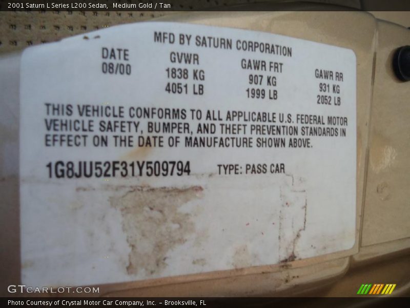 Medium Gold / Tan 2001 Saturn L Series L200 Sedan