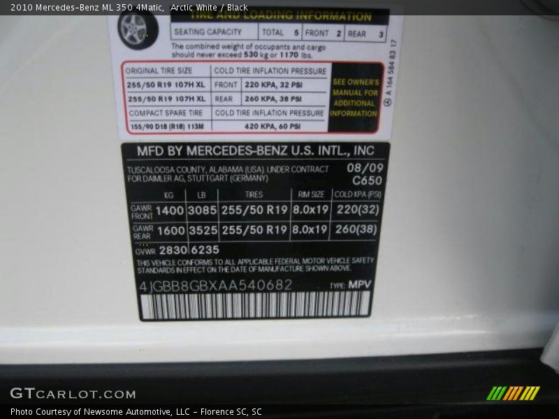 Arctic White / Black 2010 Mercedes-Benz ML 350 4Matic