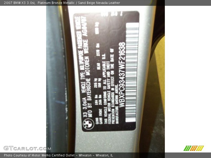 Platinum Bronze Metallic / Sand Beige Nevada Leather 2007 BMW X3 3.0si