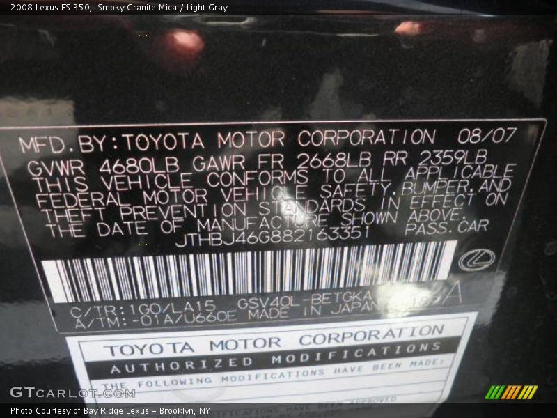 Smoky Granite Mica / Light Gray 2008 Lexus ES 350