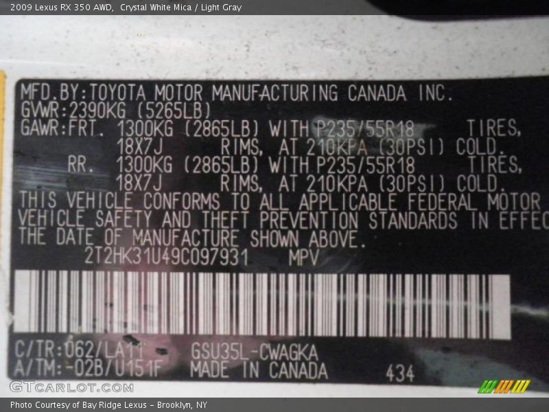Crystal White Mica / Light Gray 2009 Lexus RX 350 AWD